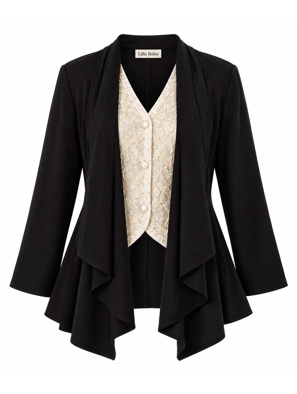 Lillie Rubin Black Draped Open-Front Cardigan Jacket With Vest
